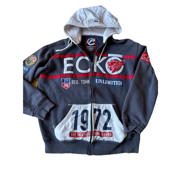 ECKO Unlimited Sweatshirt Zip Up LARGE RHINO Patch Rugby Skater Grunge VTG 1990s - Picture 1 of 12